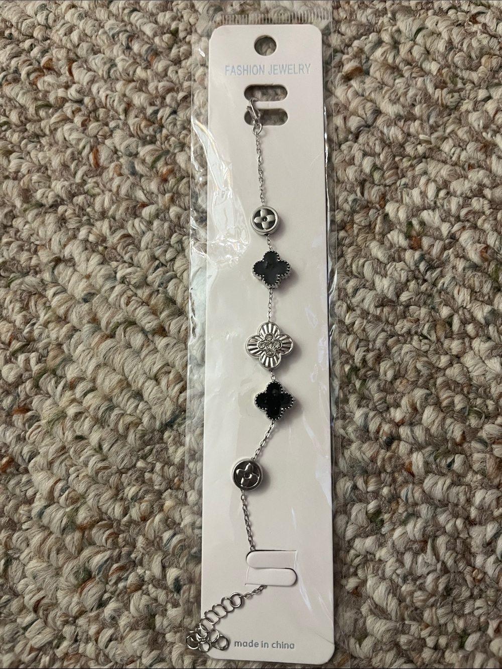 Fashion Jewelry Silver-Tone Bracelet with Black Clover & Flower Charms